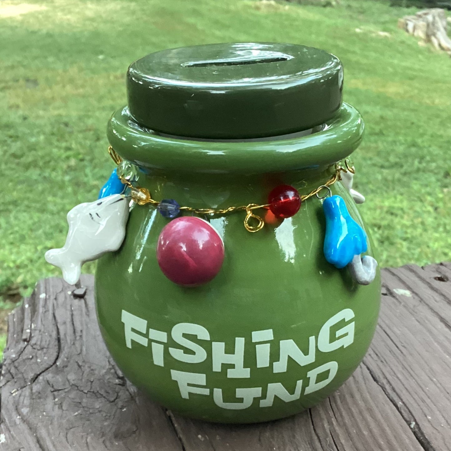 Vintage “Fishing Fund” Bank Candle — Leather Scent, 11+ oz, 1990s Ceramic 🐟🕯️