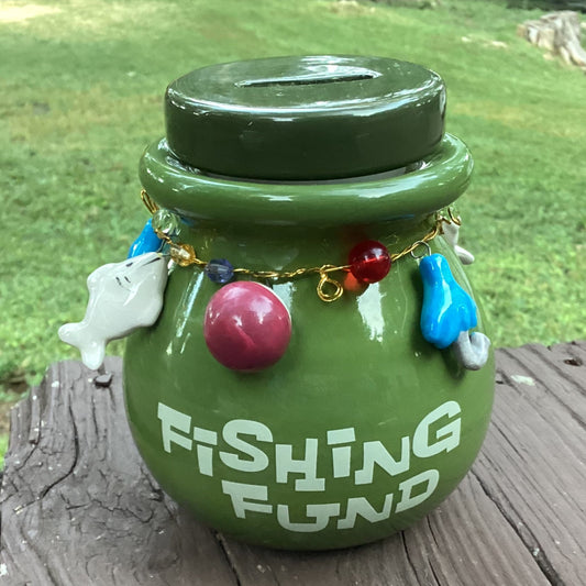 Vintage “Fishing Fund” Bank Candle — Leather Scent, 11+ oz, 1990s Ceramic 🐟🕯️