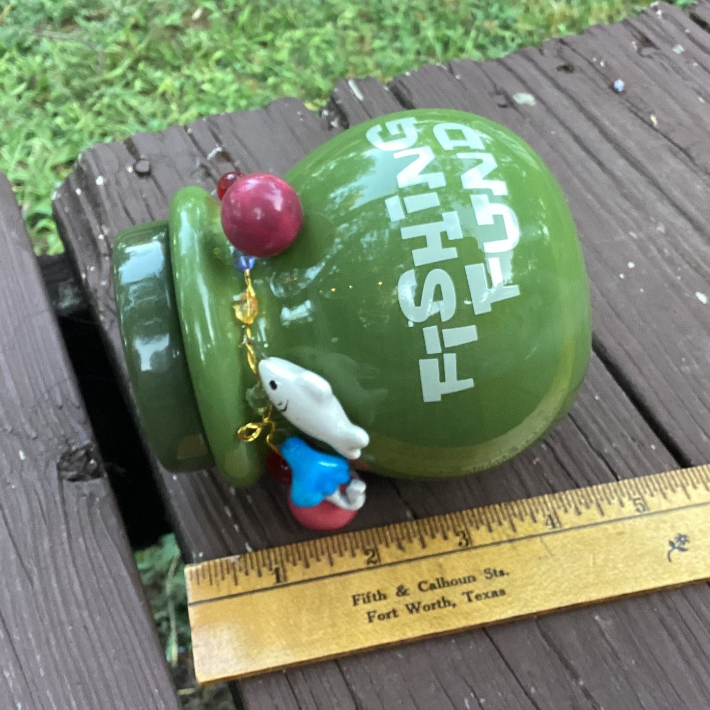 Vintage “Fishing Fund” Bank Candle — Leather Scent, 11+ oz, 1990s Ceramic 🐟🕯️